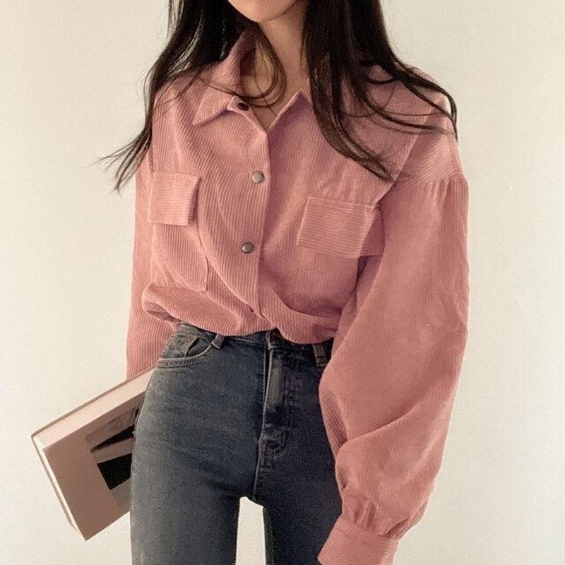 Rimocy Chic kapsy Dlouhý rukáv zkrácená halenka pro ženy Manšestrová Krátká bunda se stahovací šňůrkou Korejské divoké jednobarevné kabáty