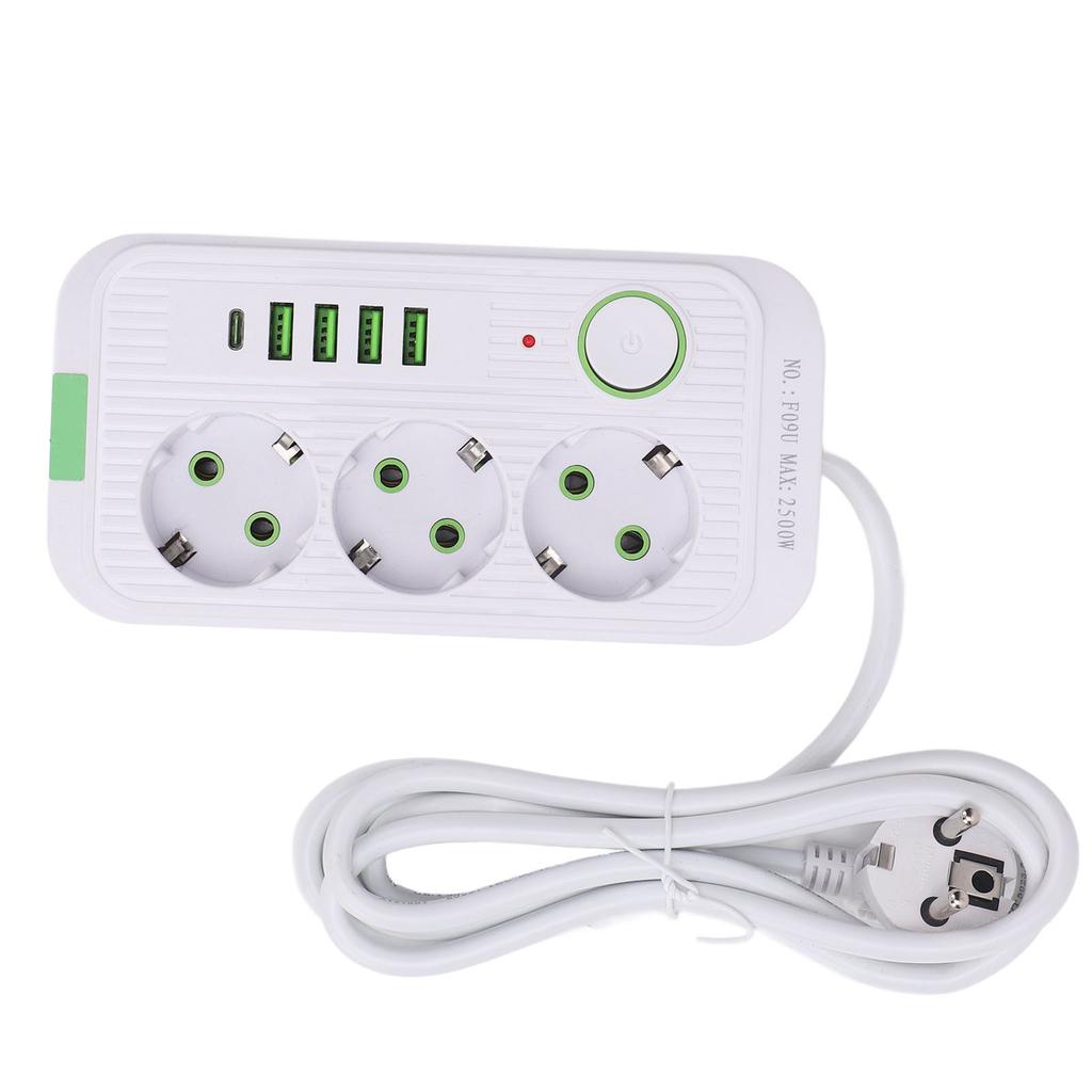 Europäische Steckdosenleiste 3 Steckdosen 4 USB 1 Typ-C-Anschluss Wandmontierbarer Stromverteiler mit 2m Kabel