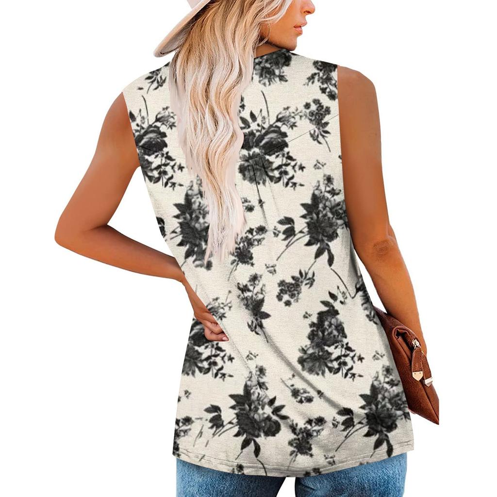 Women's Fashion Floral Printing Pleated Sleeveless Casual T-shirt Vest Button Top