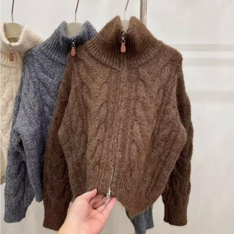 Autumn/Winter Twist Double Zipper Cardigan Sweater Women Fashion Elegant Turtleneck Loose Retro Knitted Jackets New Casual Solid Office Clothing