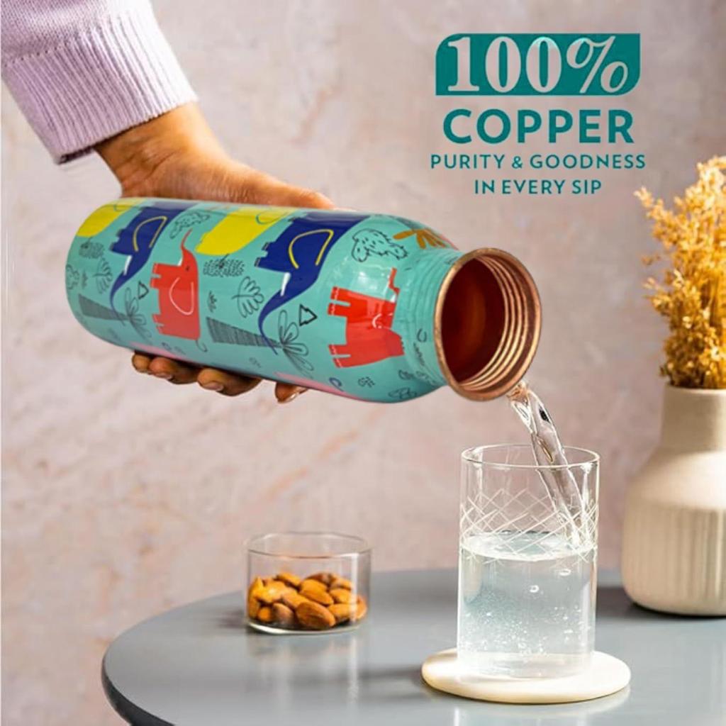 Copper Water Bottle 1 Ltr | Copper Water Bottle with Glass Set | Meena Work | 100% Pure | Leak-Proof | 2 Water Glass 300ml each