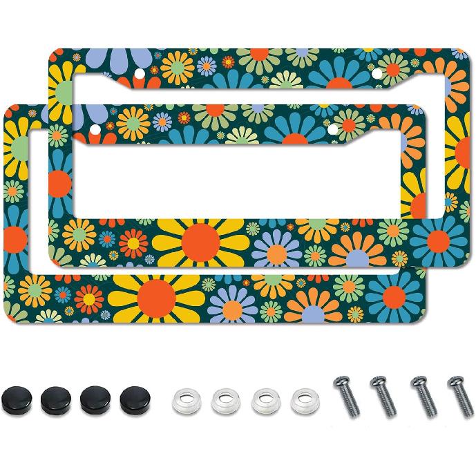 Moon Starry Sky License Plate Frame,Forest Funny Cute License Plate Frame 2 Pack Car Accessories Aluminum License Plate Covers for Men Women 2 Holes Abstract Flowers