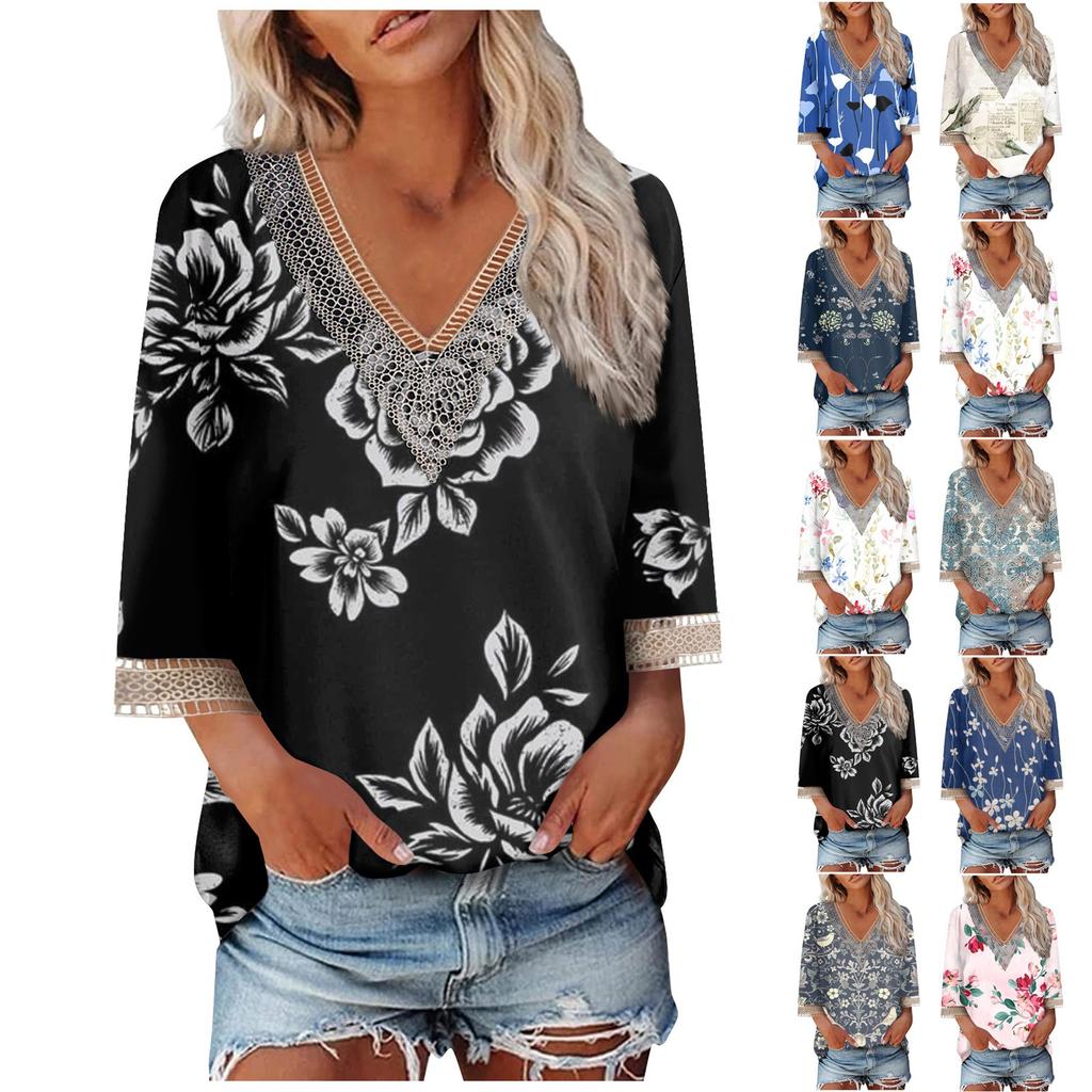 Damenbluse, lässig, locker, 3/4-Ärmel, Spitzenbesatz, Aufdruck, V-Ausschnitt, Aufdruck, Oberteile, T-Shirts