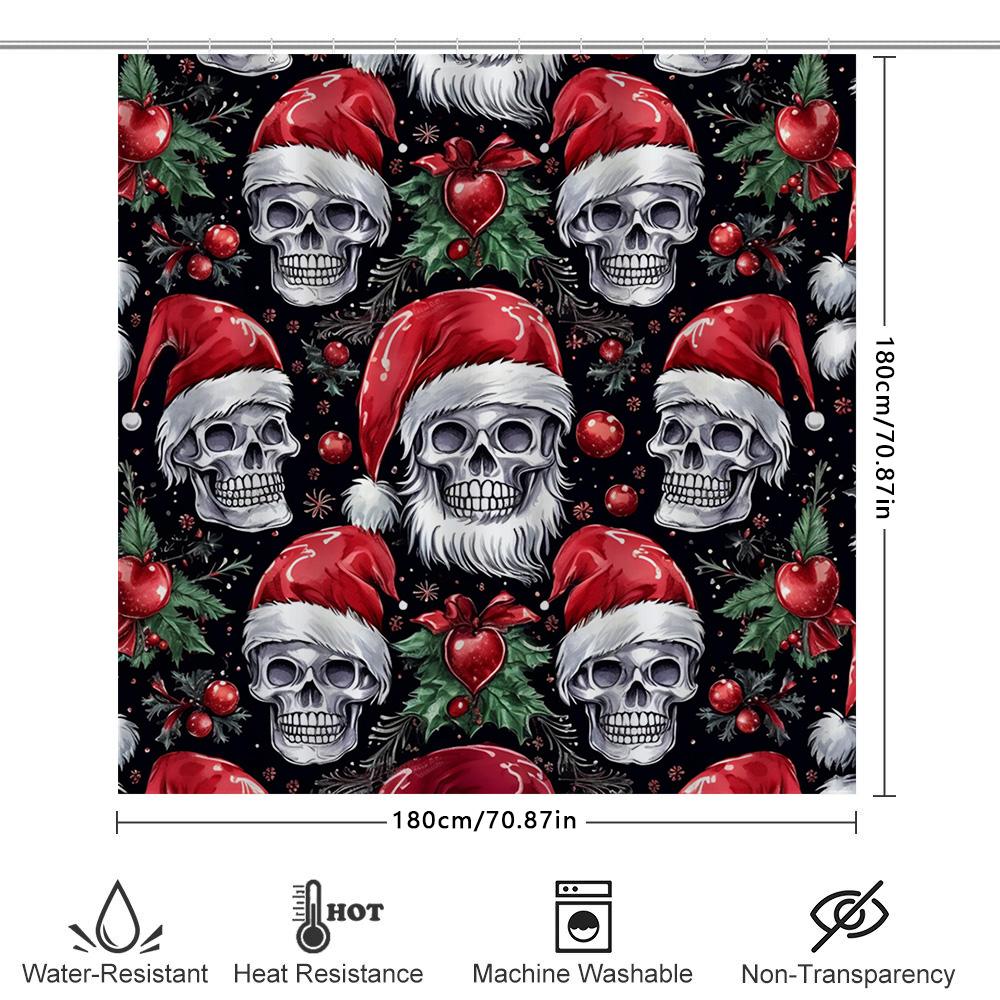 X-Mas Skull Decorative Shower Curtain With Santa Hats Holly Leaves For Home Bathroom Decoration 3D Printed Waterproof Fabric (Bl