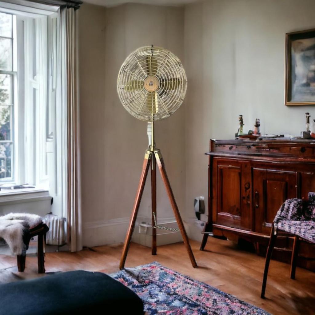 Floor Fan Nautical Brass Antique Finish with Brown Wood Tripod Pedestal Floor Fan | Retro Industrial Modern Twist with Unique Design Decor