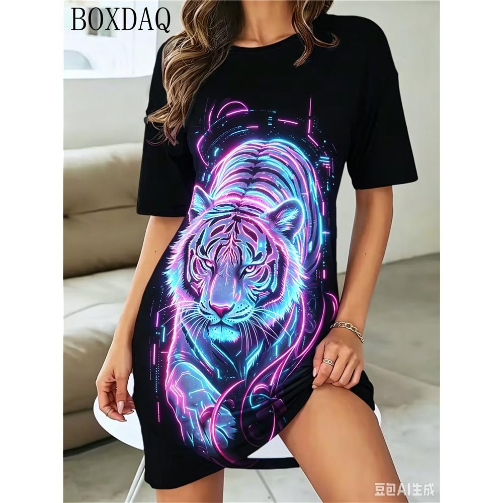 Sommer Damenkleider Lässig Kurzarm Rundhals Tiger Muster Gedruckt Locker Kleid