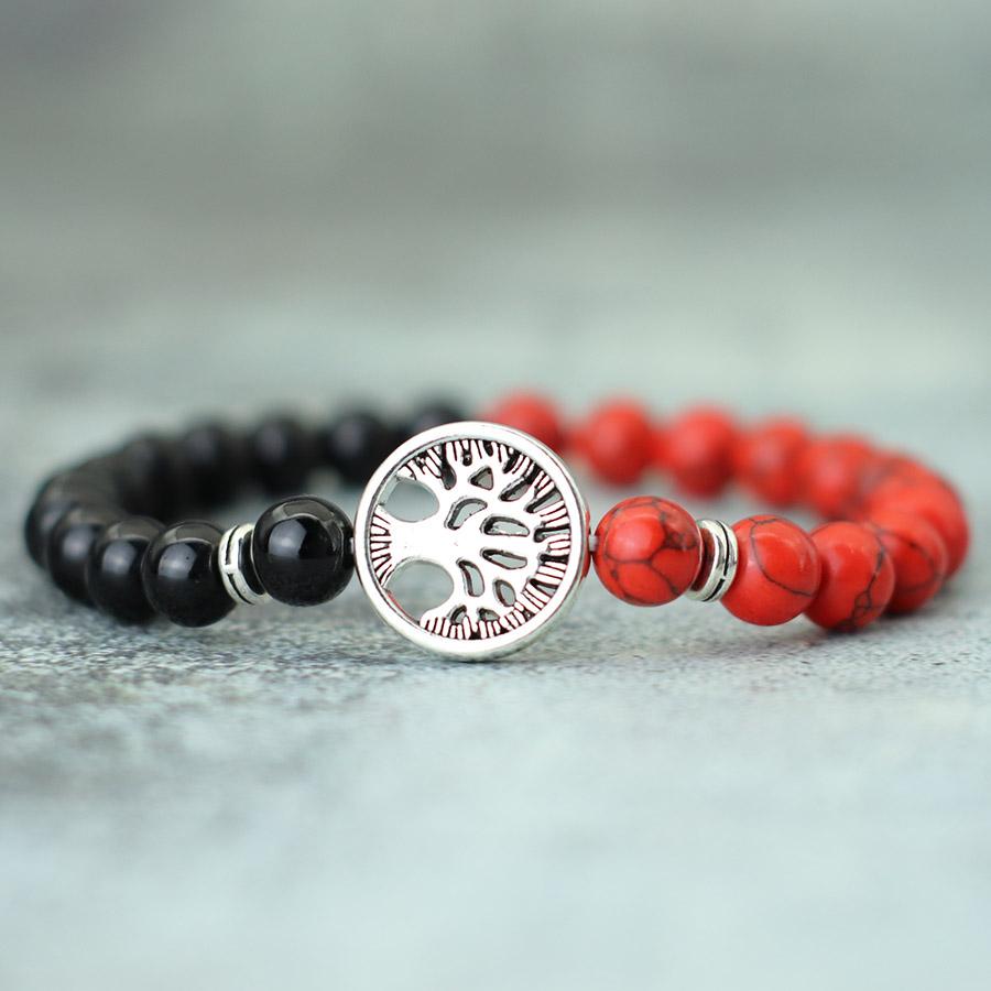 Neues Mode-Lebensbaum-Armband für Herren Zweifarbig Natürliche Tigeraugen Obsidianstein Armband Glücksbringer Roter Howlith Charm Armband Pulsera