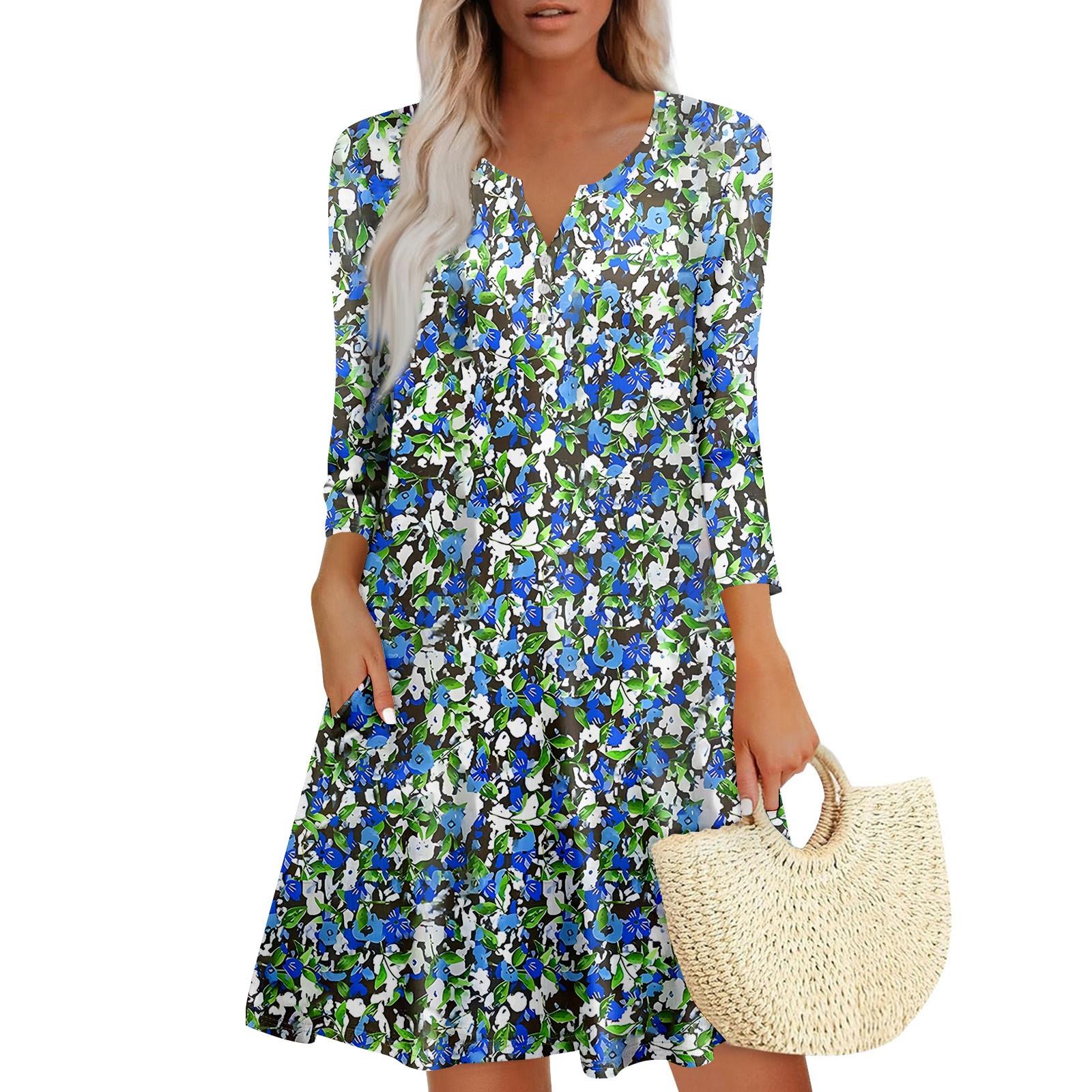 

Жіноча літня сукня вільного крою з V-подібним вирізом та рукавом три чверті, сукня-сарафан з кишенями L