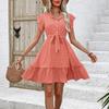 Women Summer Dress High Waist A-Line Lace Up O-Neck Dot Print Short Sleeve Lotus Leaf Midi Dress Sizes S-XL