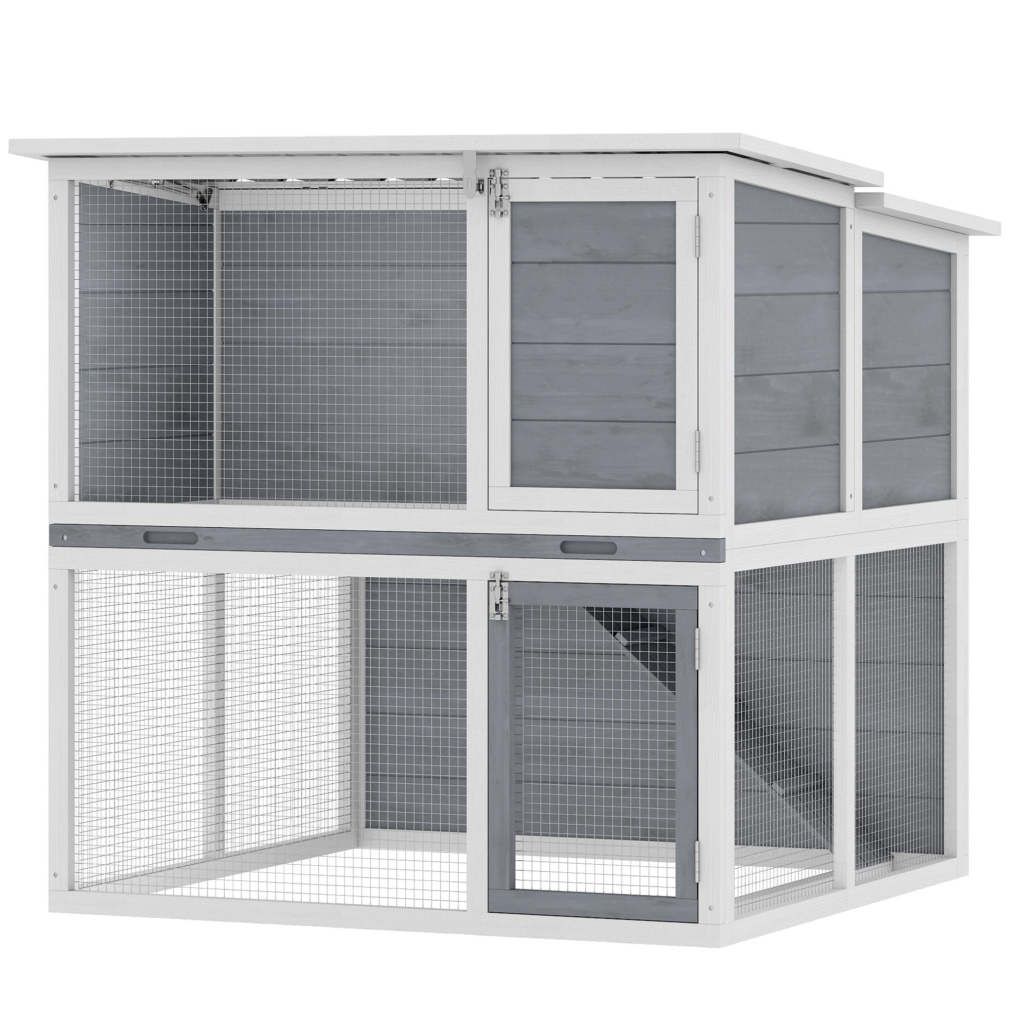 Garenne en Bois à 2 Étages Hasenstall avec Toit Articulé Résistant aux Intempéries Enclos d'Exercice Libre Rampe 98x95x102.5 cm Gris