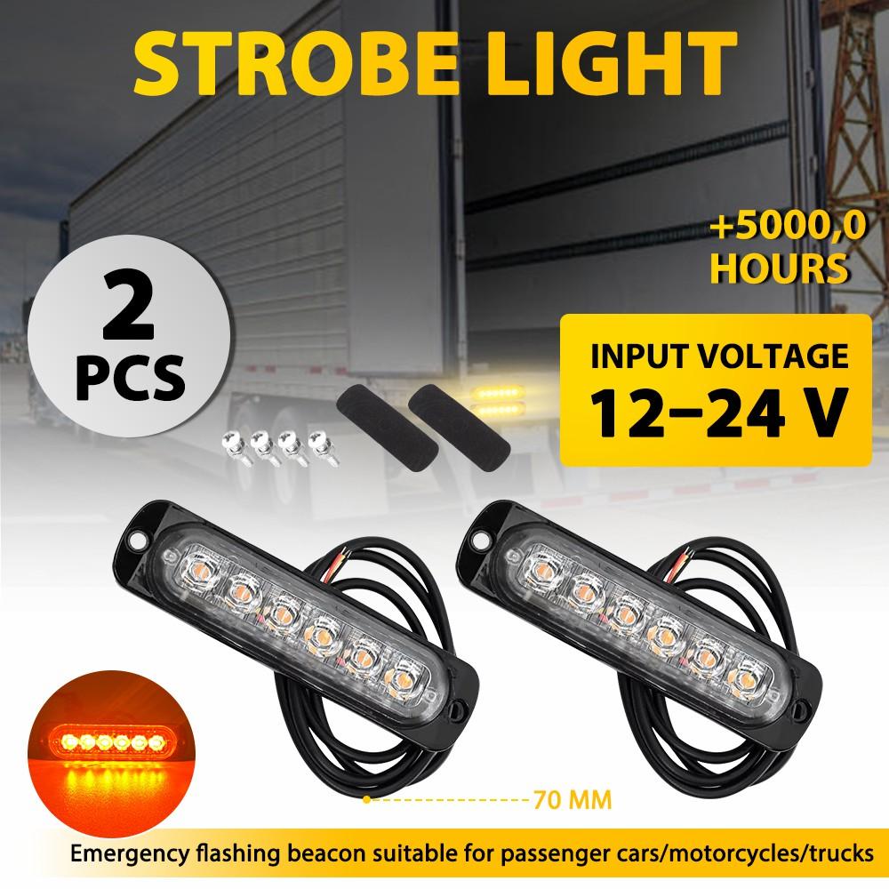 2Pcs Amber Emergency Flashing Beacon with Clear Lens 6 LED Strobe Flash Lights Lamps Bars For Car Motorcycle Truck 12-24V 2Pcs Amber