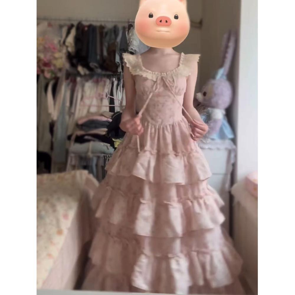 College blue floral puffy dress women's summer dopamine sweet embroidery suspender cake dress waist dress