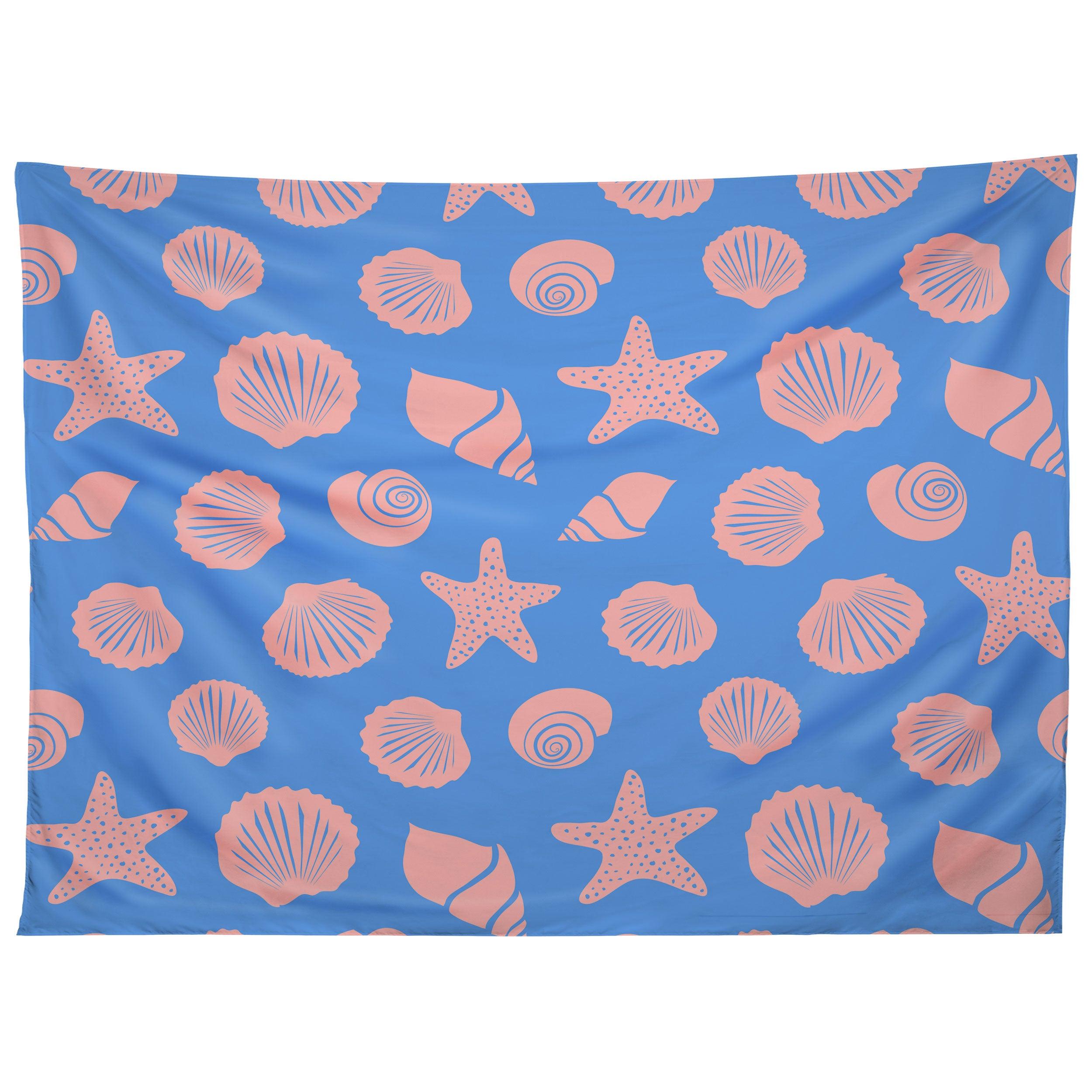 RETRO COASTAL SHELLS ON BLUE tapestry 75x100