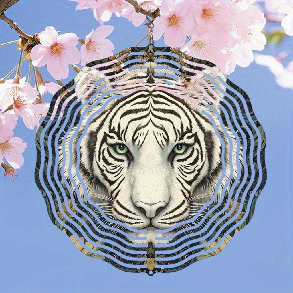 Mandala Lasergeschnittener Windspinner Outdoor Gartendekor Weißes Tiger Muster 2D Dynamisches Metall Windspiel Hängend Rotierend Klassischer Stil mit