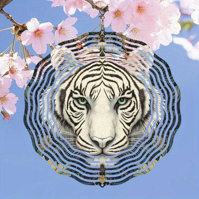 Mandala Laser Cut Wind Spinner Outdoor Garden Decor White Tiger Pattern 2D Dynamic Metal Wind Chime Hanging Rotary Classic Style with