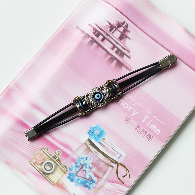 Lucky Eye Turkish for Evil Eye Bracelets For Men Women Punk Style Flower Handmade Jewelry Multilayer Black Leather Bangl