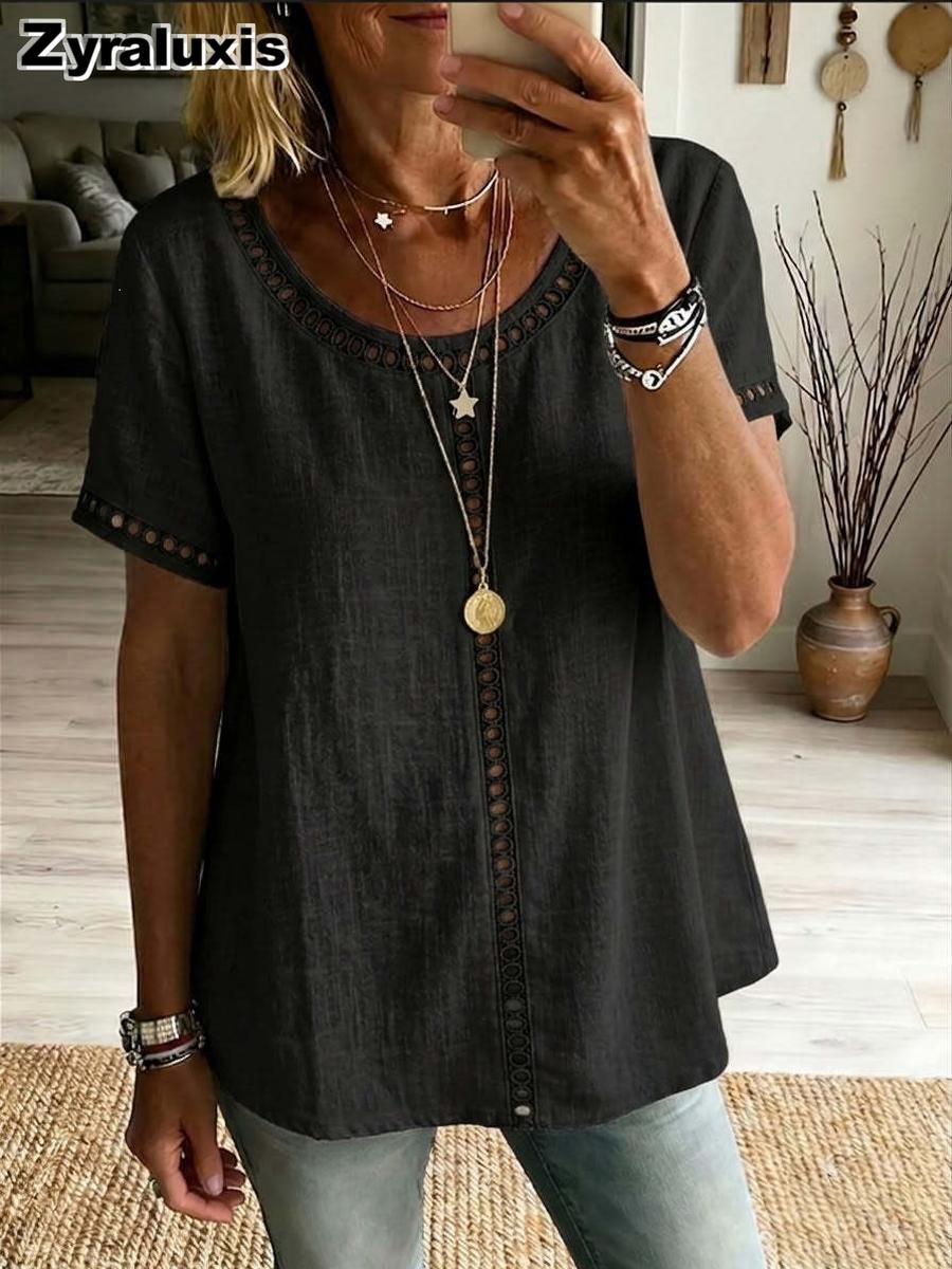 New  Women s Spring/Summer Comfortable Casual Patchwork Hollow Lace Trim Top T-Shirt S чёрный