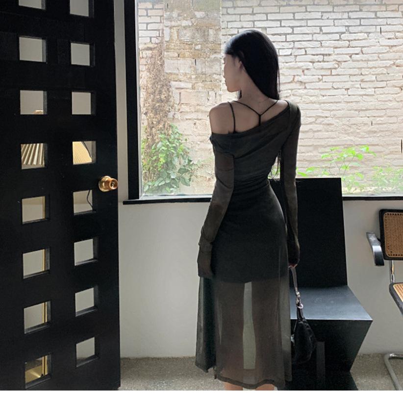 Spice girl feeling oil painting mesh dress women's autumn temperament split-ended long dress slim suspender skirt two-piece set