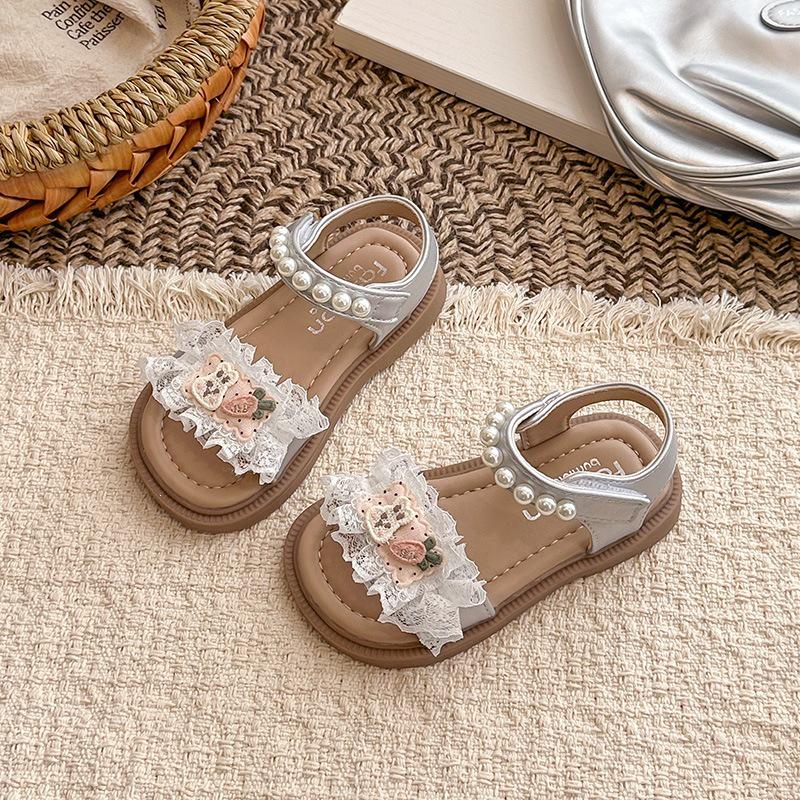 Korean Style Princess Shoes for Little Girls - 2026 Summer Lace Trim Sandals with Soft Sole