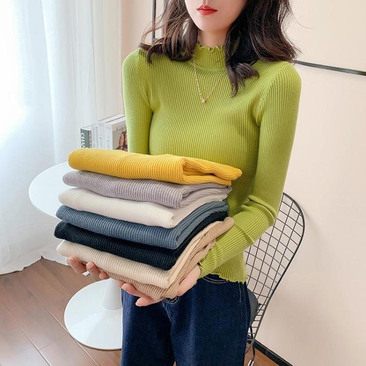 

Sexy Slim Women Sweater Knitted Turtleneck Pullover High Elastic Ruched Solid Fashion Top one size зелёный