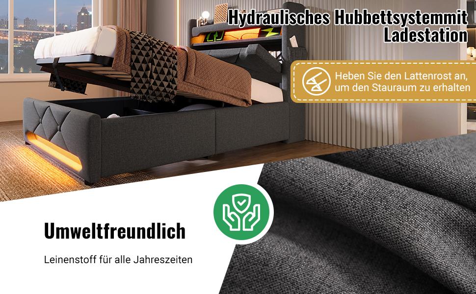 Upholstered Bed 140*190, Storage Headboard, USB Type C Port, 360 Surround LED Around Head and Foot End, Hydraulic Storage, Grey, Linen(No Mattress)