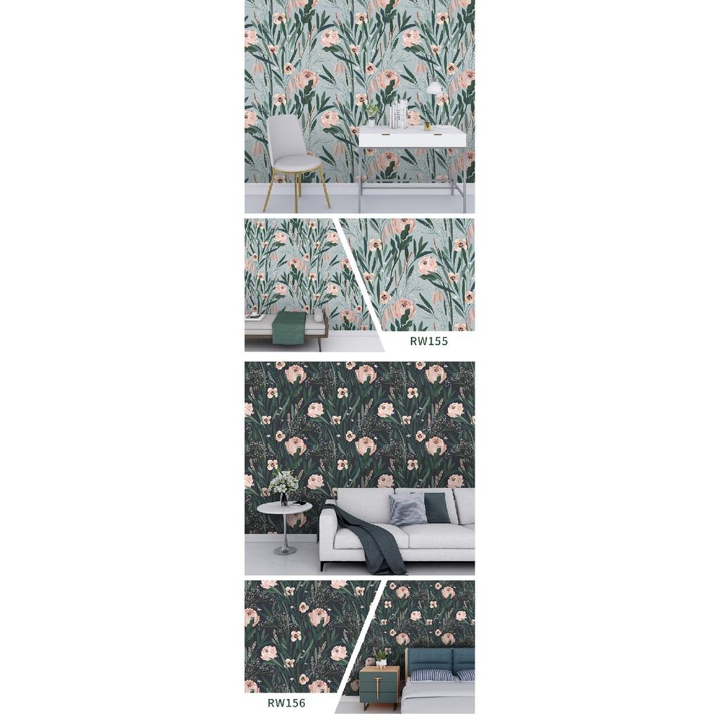 Removable Seamless Self-Adhesive Wallpaper for Living Room Background (Green Plants and Flowers)