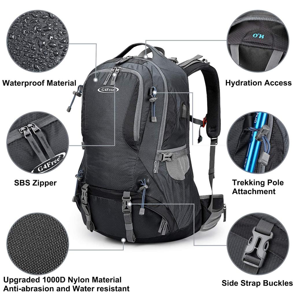 G4Free 50L Hiking Backpack with Rain Cover, USB Port & Shoe Compartment – Deep Gray (Outdoor/Camping Backpack)