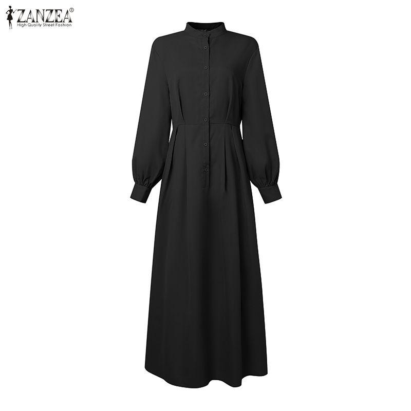 ZANZEA Elegant Women Stand Neck Puff Sleeve Buttons Slim Waist Casual Loose Long Pleated Dress