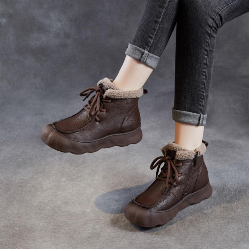 Johnature Retro Boty z pravé kůže Plyšové teplé Dámské kotníkové boty s měkkou podrážkou Kulatá špička Všestranné bavlněné boty