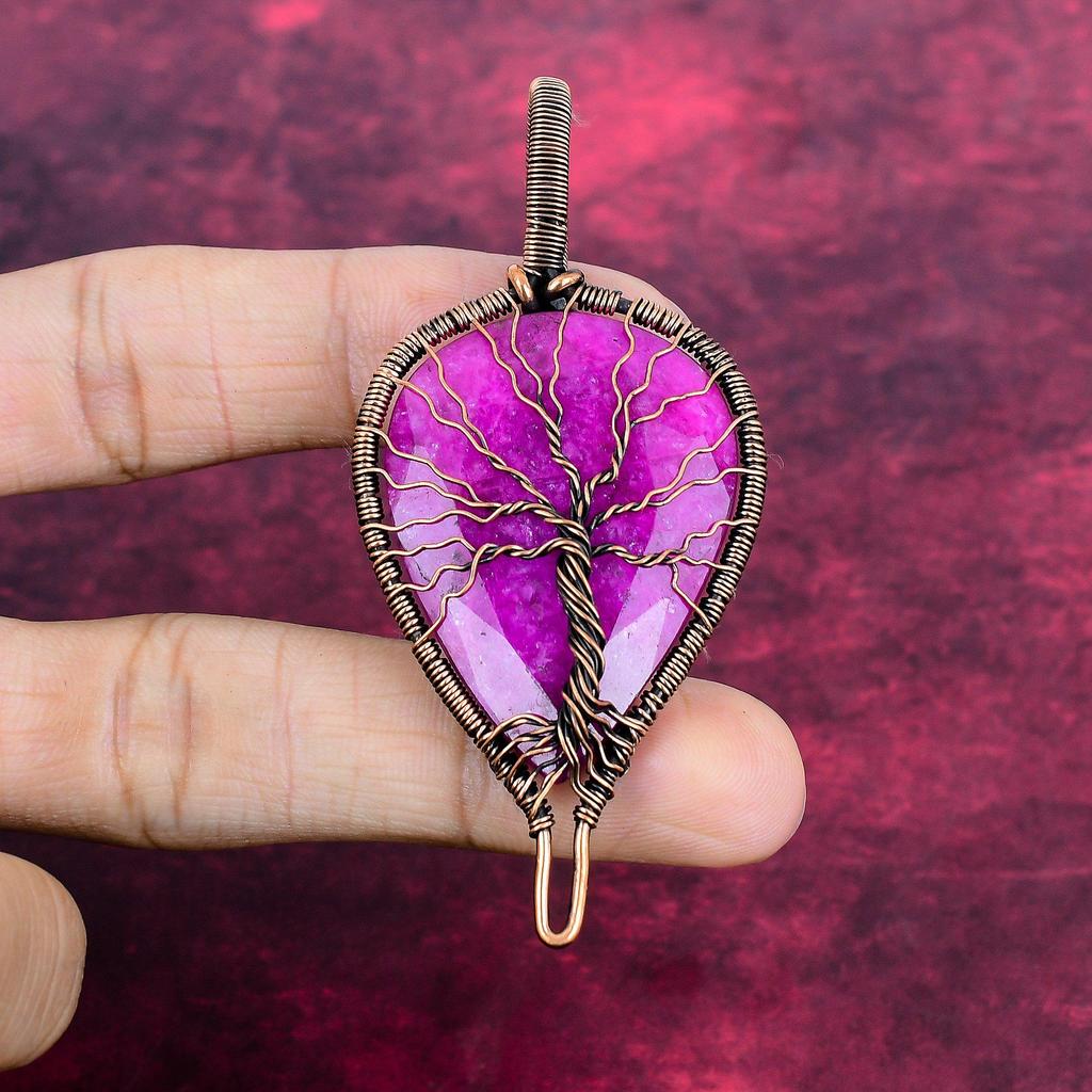 Tree Of Life Faceted Kashmir Ruby Pendant Copper Wire Wrapped Gemstone Jewelry