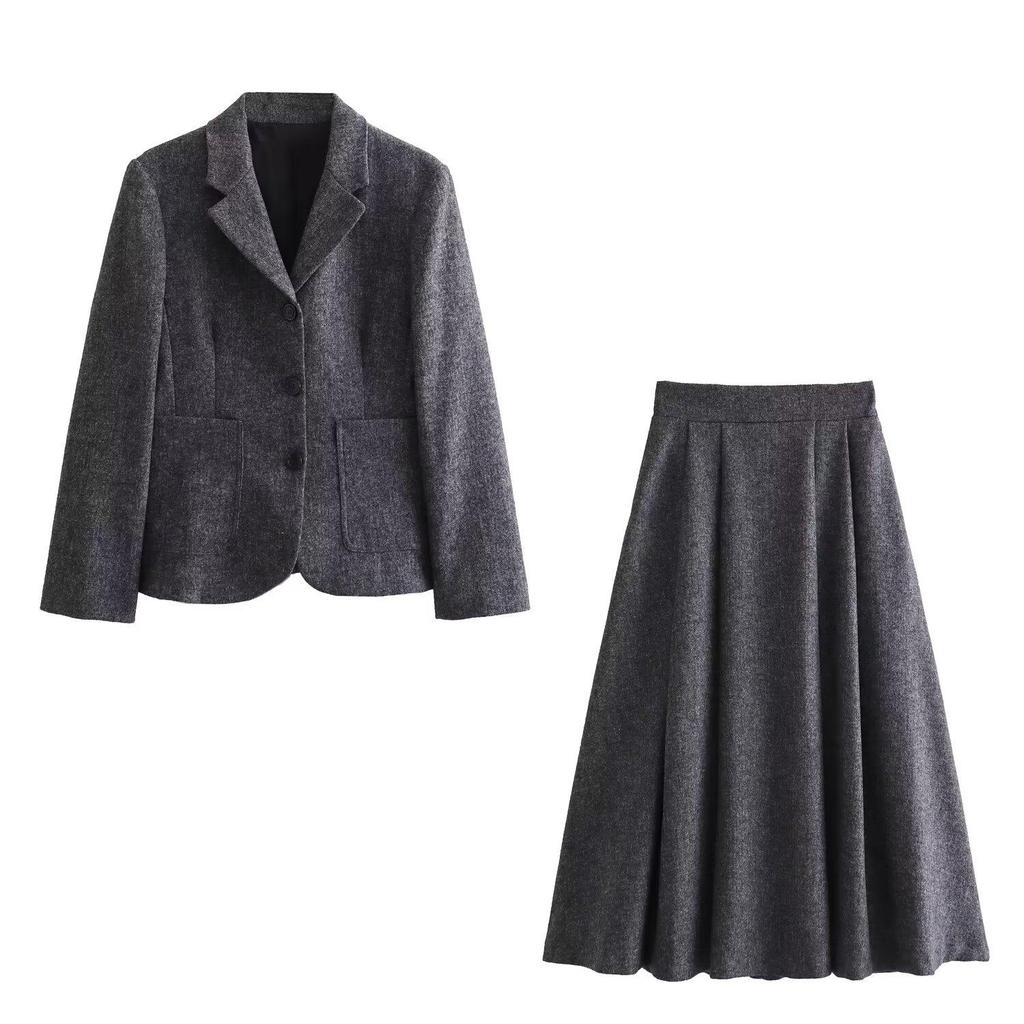 2024 Autumn/Winter Minimalist Suit Jacket & High Waist Midi Skirt Set