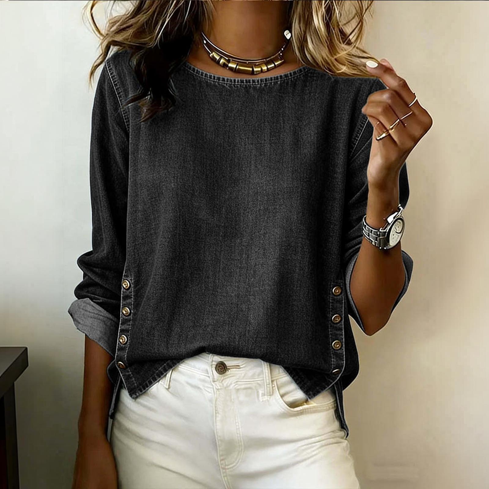 Women s Faux Denim Long Sleeve Neck Top Casual Blouse L