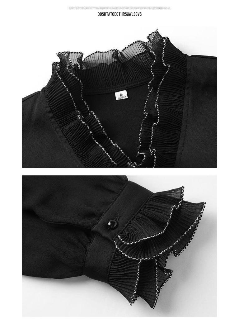 2025 Black Chiffon V-Neck Blouse: Women's Long Sleeve Loose Spring Shirt