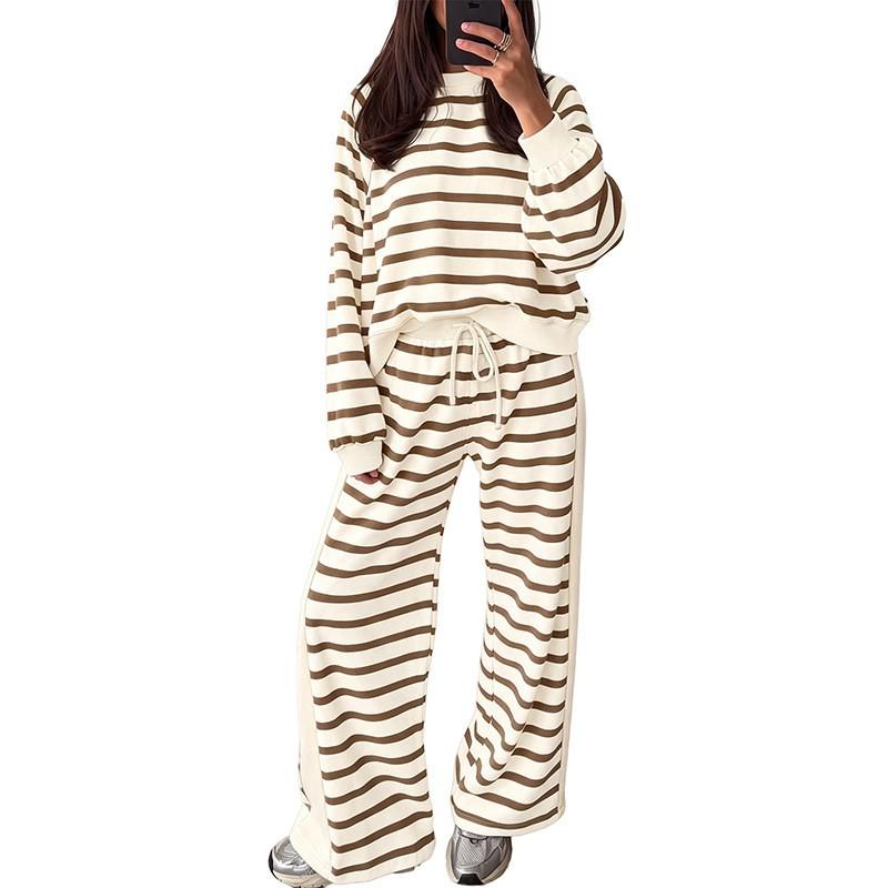 Womens Loose Striped Casual Two-Piece Set Long Sleeve Hoodie Pants Comfortable Korean Style Fall Winter Outfit