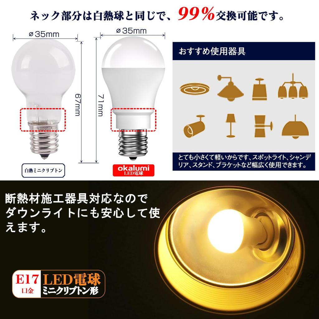 High Color Rendering (Ra93) Warm White LED Bulb, E17 Base, Mini Krypton Bulb, 60W, 730lm, Wide Beam Distribution, High Brightness, Energy-Saving,