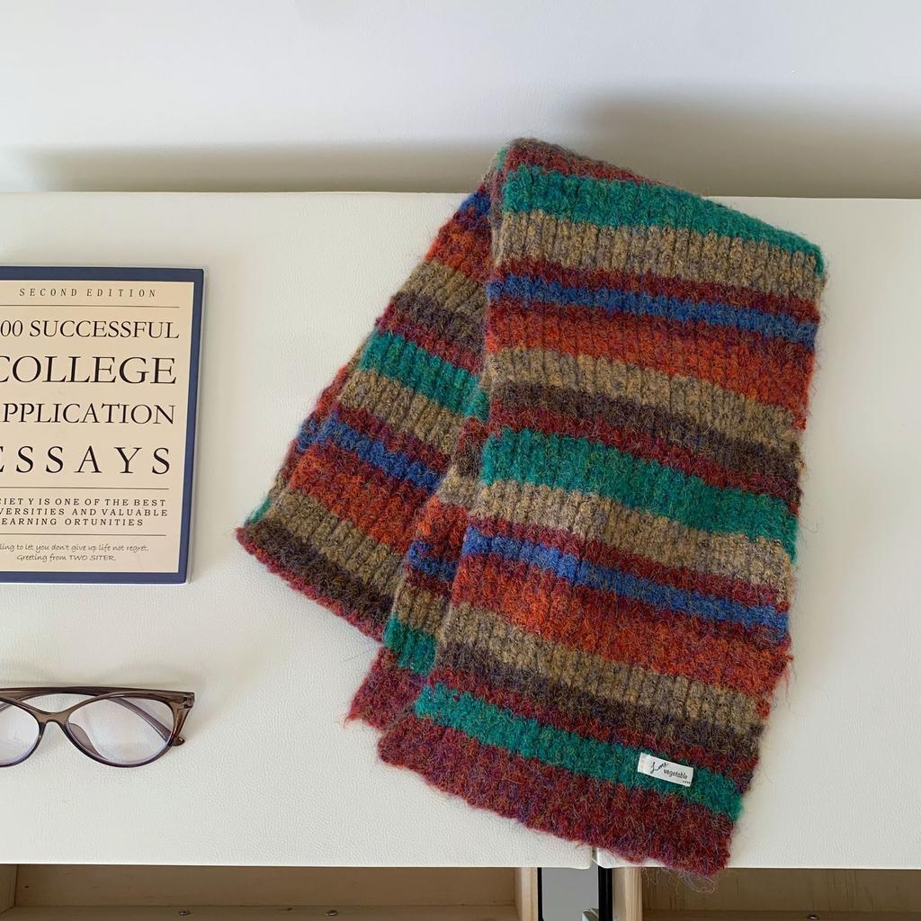 Retro Contrast Color Striped Scarf Wool Knitting Scarf For Women Autumn Winter Warm Cold-Proof Scarf Versatile Student Muffler