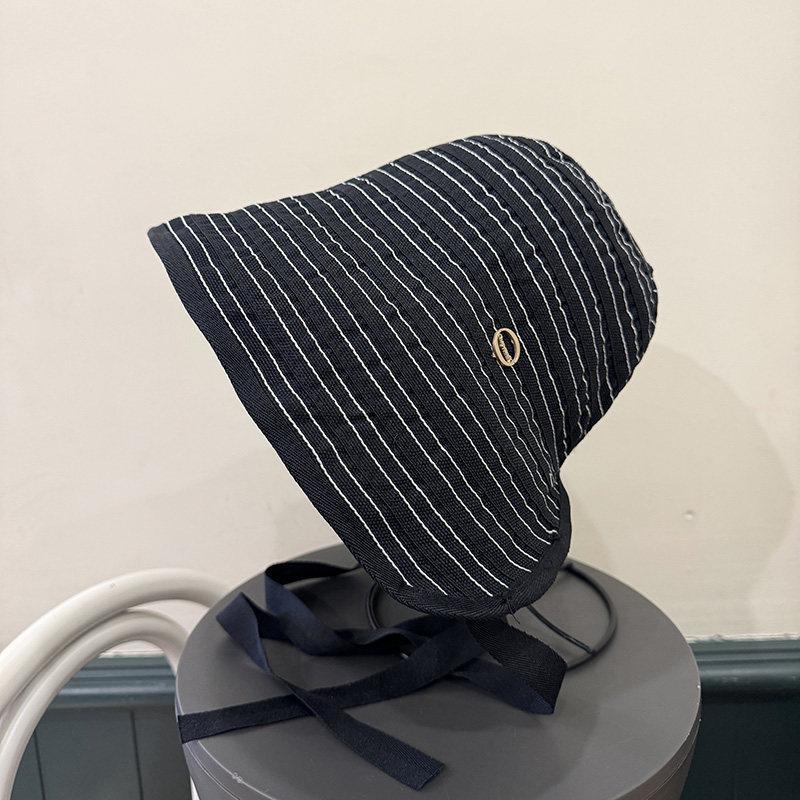 Summer Sun Protection Fisherman Hat For Women With Wide Brim And Striped Cotton Material