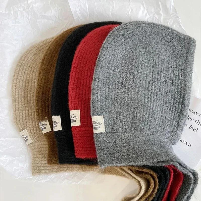 Korea Cute Women's Knitted Hood Scarf Little Red Hat Warm Ear Protection Cold Windproof Cap Winter Fashion Woolen Pullover Hat