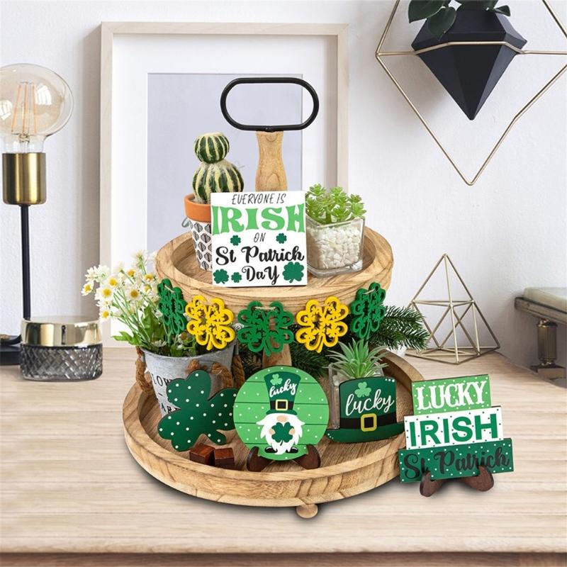 Patrick's Day Tiered Tray Decorations Gnome Leprechaun's Hat Shamrock Wooden Signs Decorations for Patrick's Day Decor