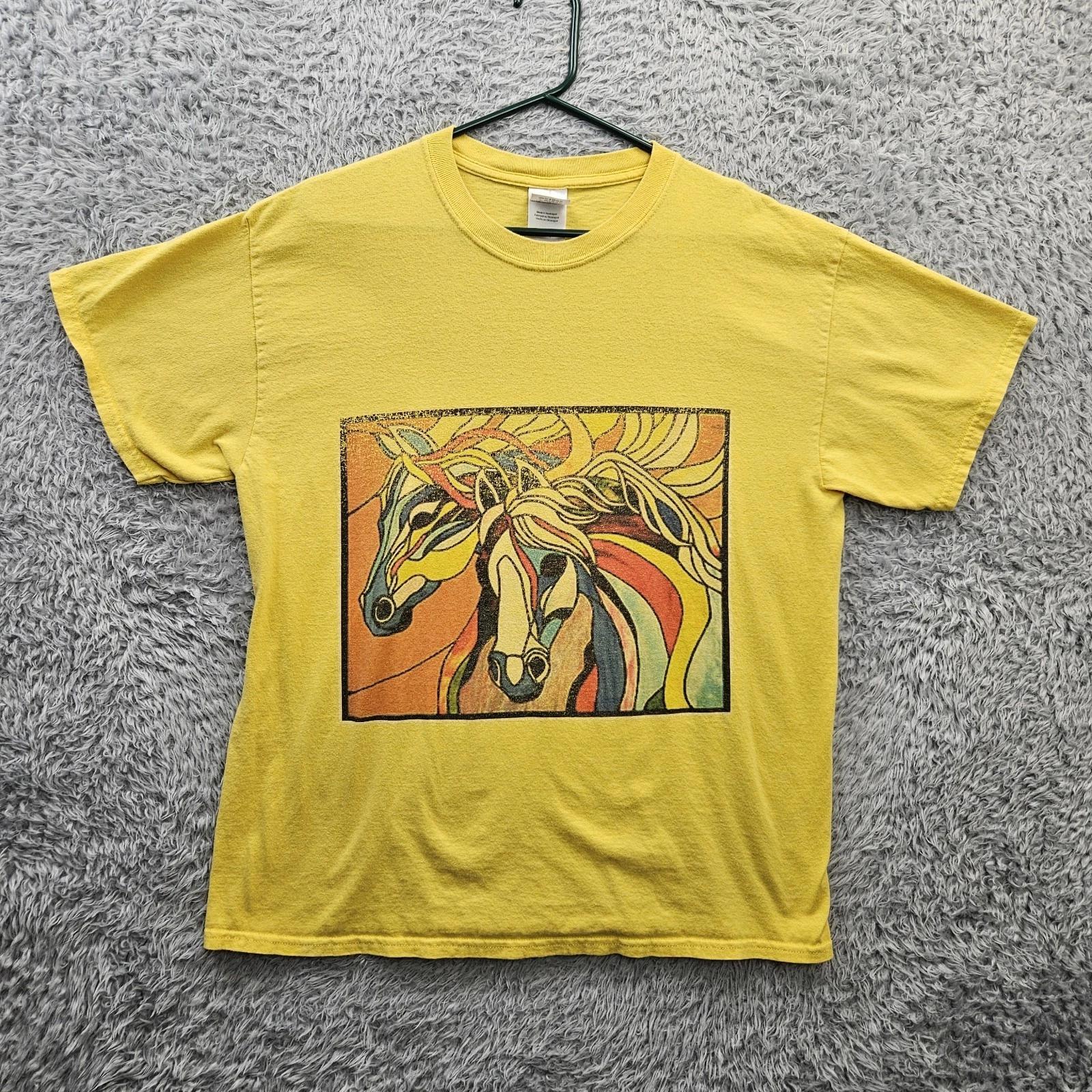 Vintage 100% Cotton T-shirt Mens Tees Top Large Y2K Horses Stained Glass Art Animals Nature Gildan L