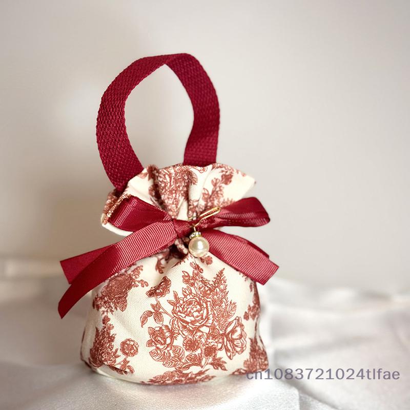 1PC Flower Printed Drawstring Candy Pouch Bag, Handle Bag Gift for Wedding Party
