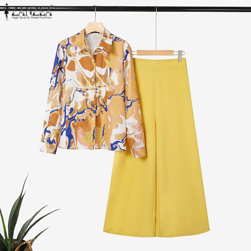 ZANZEA Women Long Sleeve Print Blouse and Wide Leg Pants Casual Two Piece Suit Sets
