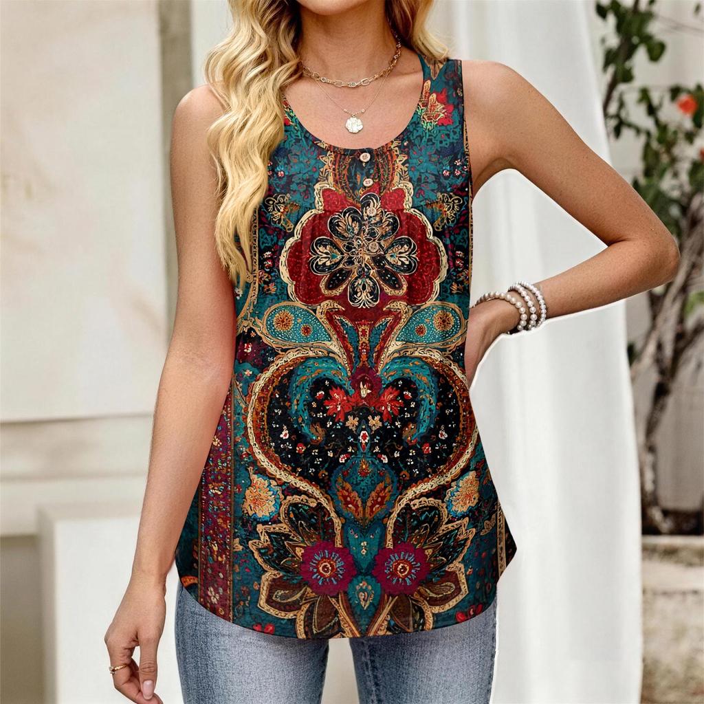 Damen Neues Mode Retro Floral Gestreift Texturiert Print Rundhals Locker Lässig Knopfleiste Ärmellos Weste Top
