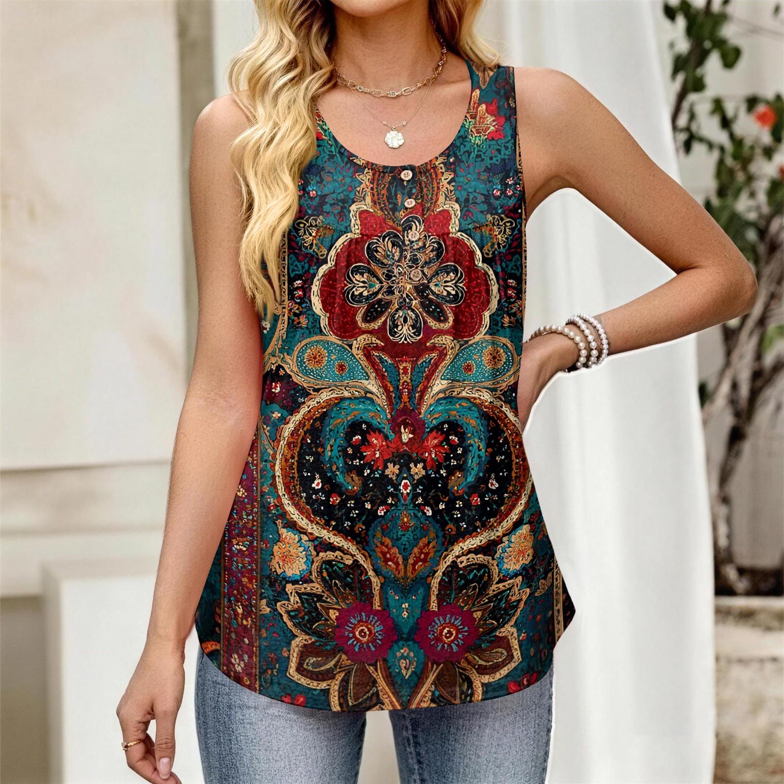 

Women s New Fashion Retro Floral Striped Textured Print Round Neck Loose Casual Button-Down Sleeveless Vest Top XL