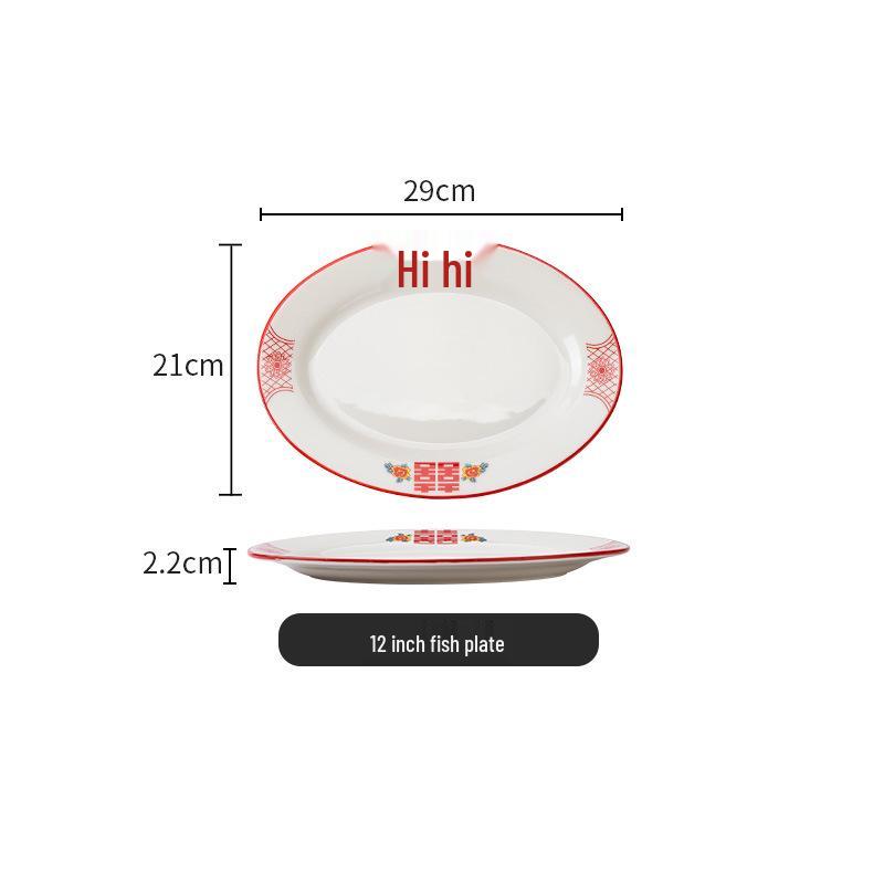 Set di Piatto Rotondo Rosso Ceramica Retrò Doppia Felicità - Piatto Basso, Piatto Piatto, Piatto per Hot Pot, Piatto per Carne, Piatto per Salsa e Piatto per Pesce per Tavola da Ristorante.