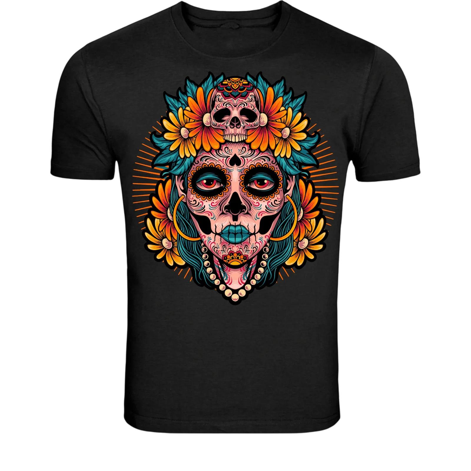Day of the Dead Sugar Skull T-Shirt - Floral Dia De Los Muertos S