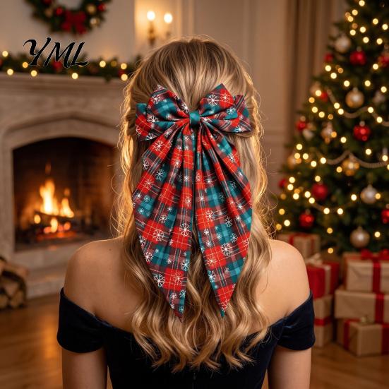 Christmas Tree Hair Ornaments Large Bow for Women Girls, Decorative Clip with Classic Holiday Snowflake Plaid Ties Prints, Elegant Long Tail Barrettes