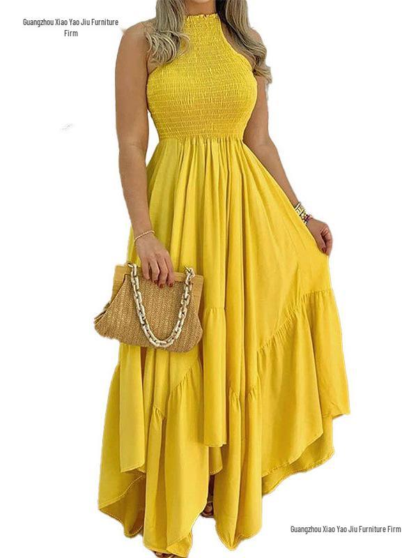 European & American Women's Spring High Waist Printed Dress - Short Sleeve Commuting Style