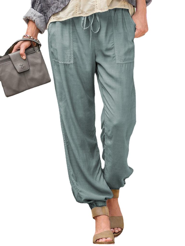 Women's New Summer Lace-up Trousers Solid Colour Stretch Drawstring Pockets Casual Trousers for Women