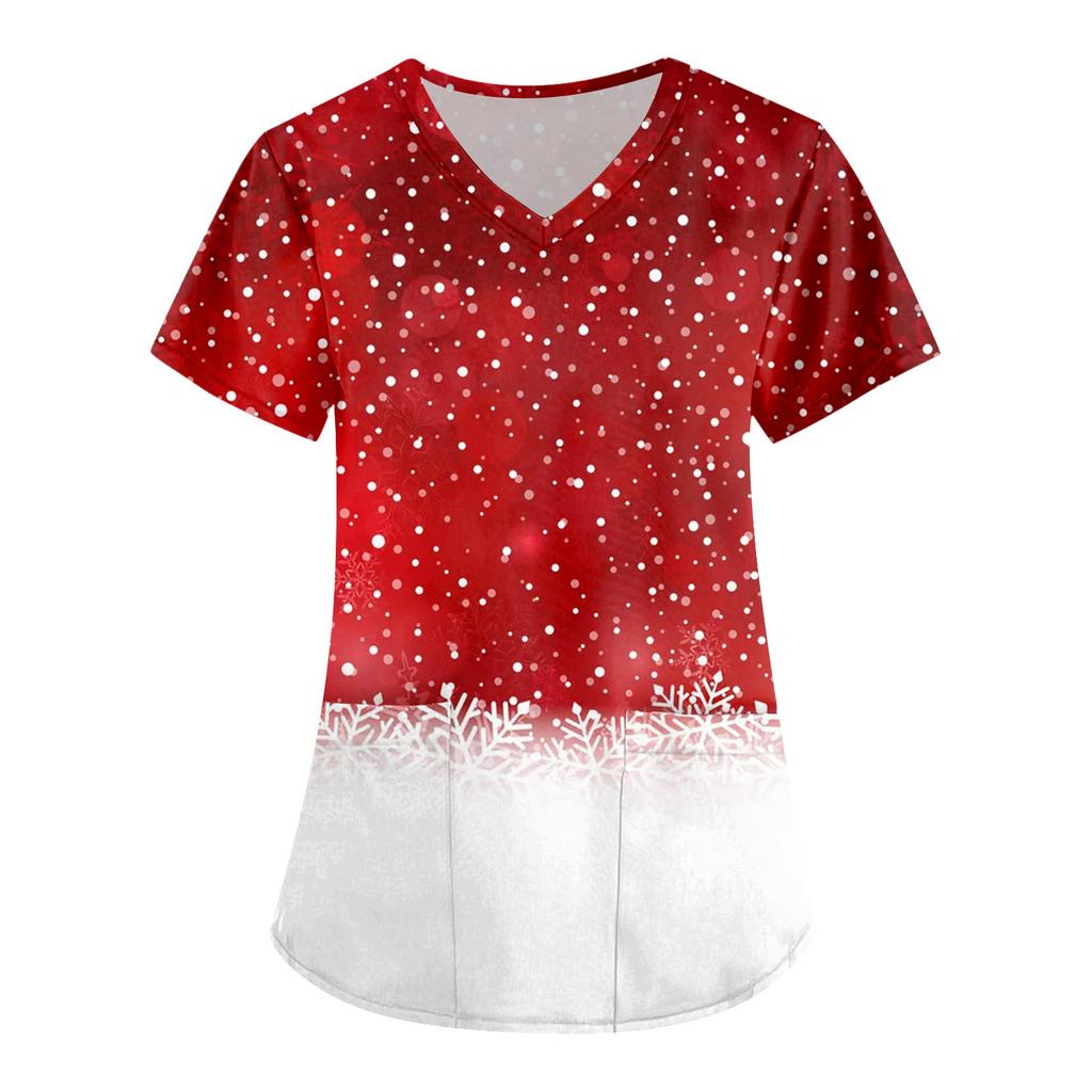Women'S Christmas Printed Work Clothes V-Neck Double Layer Pockets Basic Top Pullover